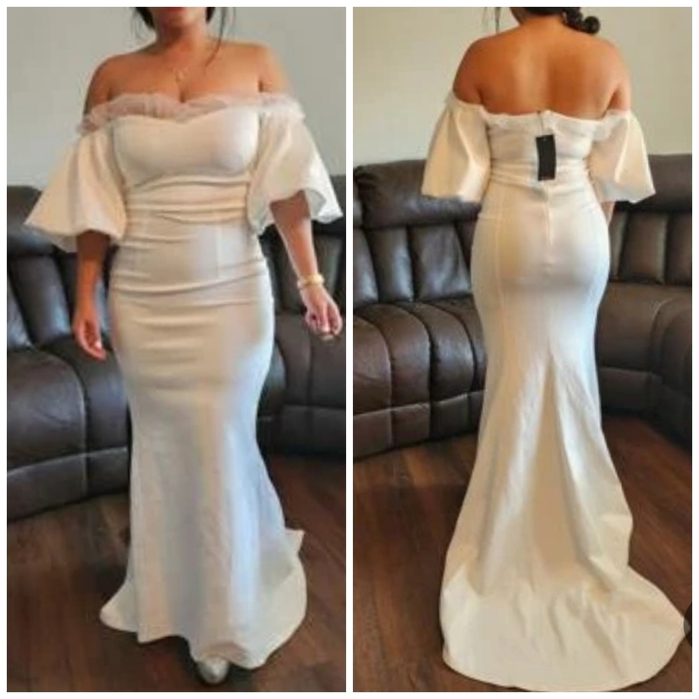 NEW Off Shoulder Contrast Mesh Mermaid Hem White Puff Sleeve Wedding Dre… - Picture 13 of 17